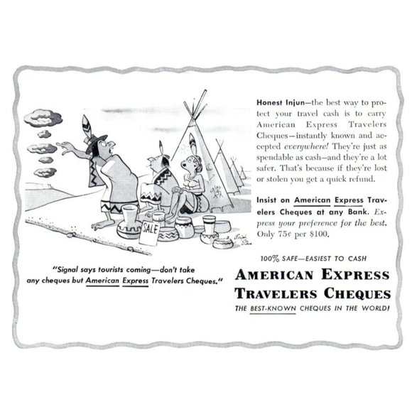 1953 American Express Travelers Cheques Vintage Print Ad Smoke Signal Indians - Picture 1 of 2